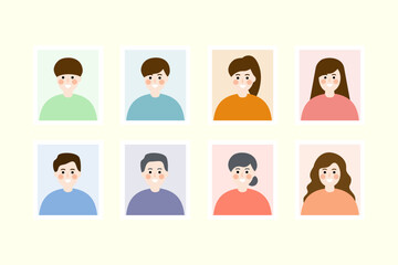 Man, woman and child photos collection. Happy family portrait.  Flat vector people character design isolated illustration.