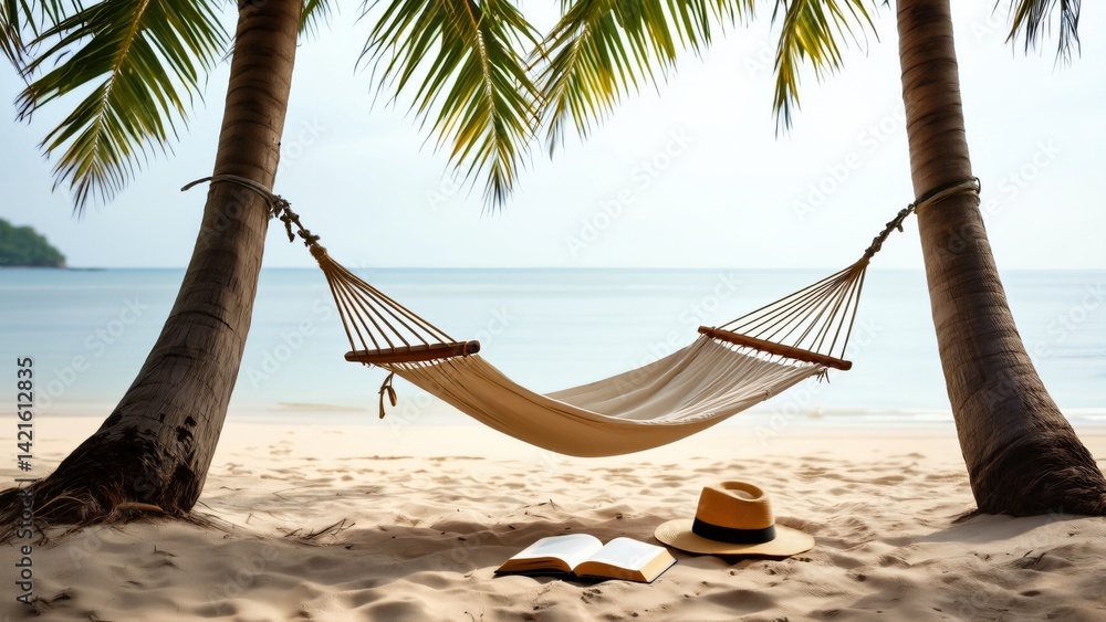Poster the image shows a hammock tied between two palm trees on the beach