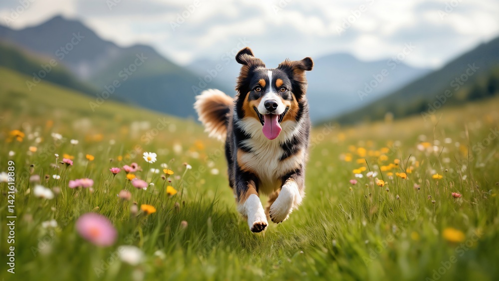 Poster the image shows an australian shepherd running through a field of flowers with mountains in the back