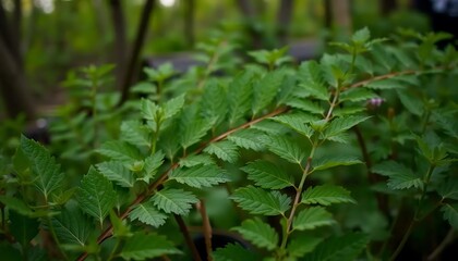 Obraz premium Lush Green Foliage: A Close-Up View of Vibrant Leaves and Delicate Branches