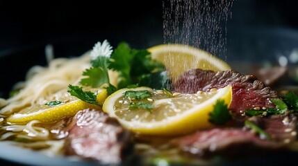 Exquisite close-up of asian beef noodle soup with lemon and coriander garnish, culinary masterpiece