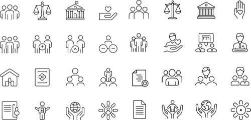 Social and policy line icons set. community, regulation, rights, governance icons. vector illustration