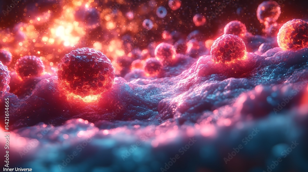 Poster microscopic view of cells with glowing red centers on textured surface