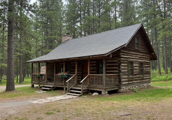 Idyllic log cabin nestled in a serene woodland setting under a cloudy sky