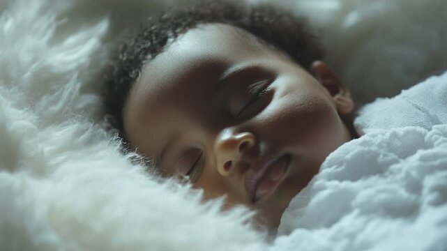 Sleeping Baby: A serene and close-up portrait of a peaceful baby sleeping soundly on a bed of soft, fluffy material, evoking feelings of warmth, comfort, and unconditional love.