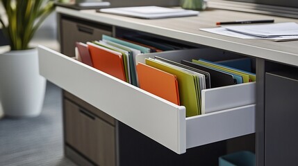 Organized filing system in office desk drawer with colorful folders