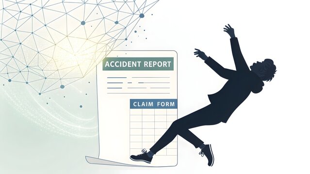 Accident Report Form Silhouette: A dramatic silhouette of a person falling onto an accident report form, symbolizing workplace safety or insurance claim.