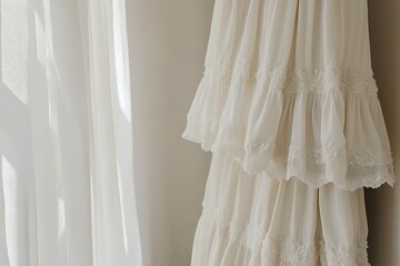 White dress hangs near window, with sunlight streaming through. Concept wardrobe ad