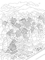 Isometric view on a small cozy village in a trees and mountains on background