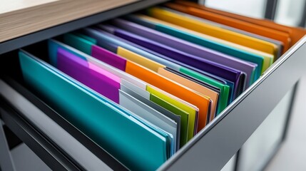 Colorful File Folders Neatly Organized in a Metal Office Drawer System