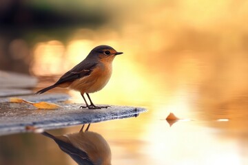 Wildlife bird near pond with shadow and reflection, subtle ripple effect and natural tones