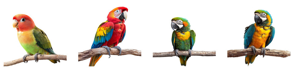 Collection of happy parrots sitting on a branches isolated on transparent background