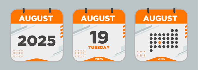 Modern Calendar icon. august. 2025 19 day. The concept of waiting for an important date. Day calendar with date august 19. Cheklist day calendar. Vector illustration.