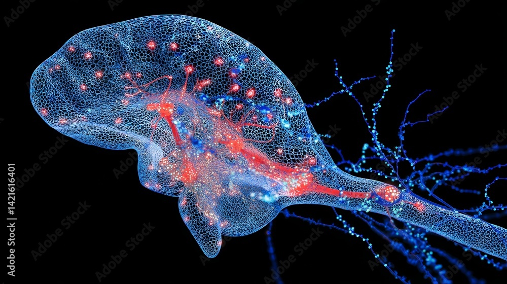 Poster Neural network illustration depicting brain activity and synaptic transmission