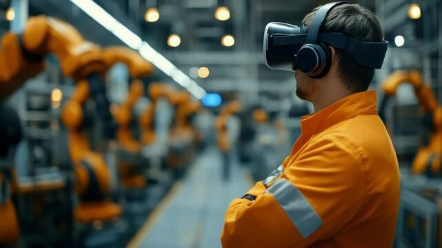 Industrial worker in a dark factory environment wearing an orange VR headset, immersed in a virtual training simulation. Augmented reality in manufacturing and automation