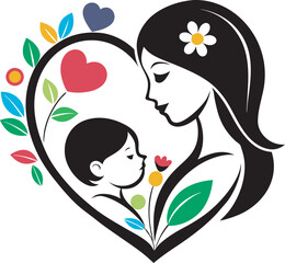 Heart Embrace Logo of Mom and Baby with Florals Art & Illustration