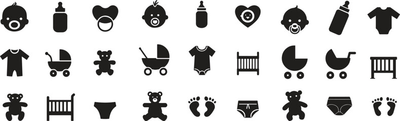 Silhouette Baby Icons Set. Infant, Newborn, Care, Parenting, Toys, Logo, Icon. Vector Illustration