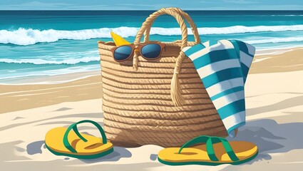 Tropical Beach Day Essentials: Flip-Flops, Sunglasses, Towel, and a Straw Tote Bag