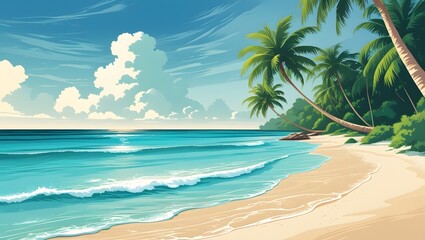 Obraz premium Tranquil Tropical Beach with Palm Trees, Clear Waters, and Bright Blue Sky