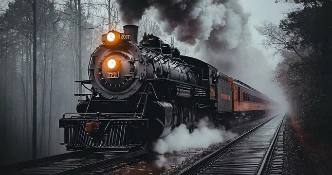Vintage steam train misty forest