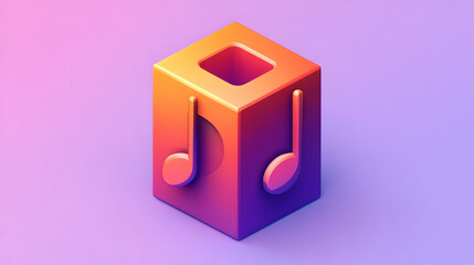 Abstract 3D Cube with Music Notes on Purple Gradient Background
