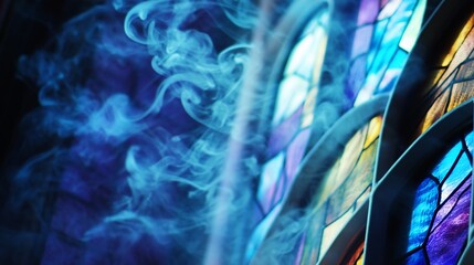 Abstract stained glass window and swirling smoke creating ethereal atmosphere