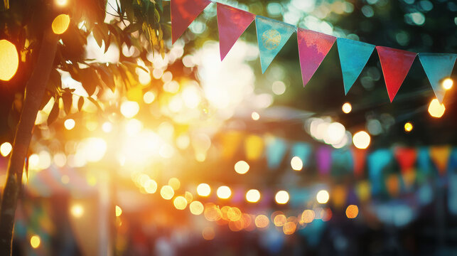 Colorful triangular party flags are strung between trees with softly glowing st lights and bright sunshine filte through the leaves creating a festive atmosphere.
