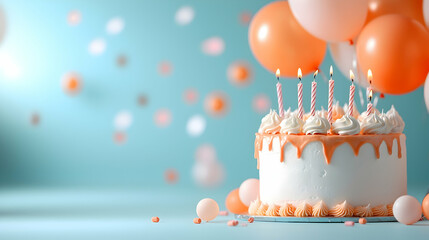 Peach Birthday Cake with Candles and Balloons