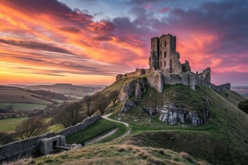 Fototapeta premium Hilltop castle ruins glow in the golden hour sunset, a breathtaking ancient stone fortress.