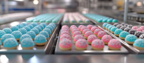 Crafted confectionery delights on display trays, showcasing vibrant, whimsical dessert creations