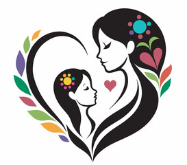 Loving Mom and Baby Logo in Floral Heart Design Art & Illustration