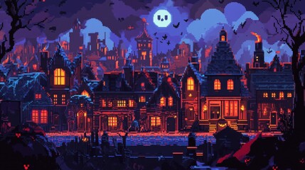Fototapeta premium A pixelated halloween night town with glowing windows and spooky atmosphere.