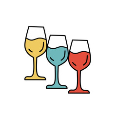 A flat vector illustration of three wine glasses with different colorful drinks. Ideal for celebration themes, party invitations, or festive design elements.