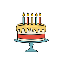 A fun and colorful cartoon-style birthday cake with five lit candles, yellow icing, and a red middle layer on a blue cake stand. Perfect for greeting cards, invitations, or celebration-themed designs.