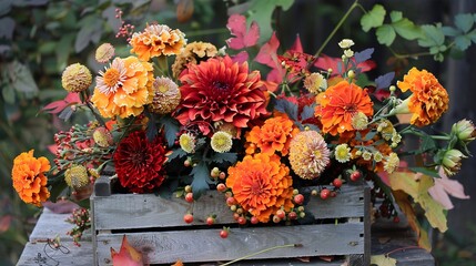 A charming autumn floral arrangement with orange marigolds red dahlias and golden chrysanthemums set in a rustic wooden crate  © Nasr