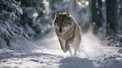 Obraz premium Grey wolf running through a snowy forest.