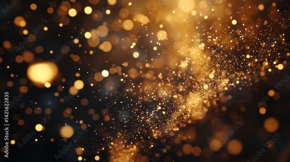 Poster Abstract golden bokeh explosion on a dark background.  A swirling pattern of golden particles