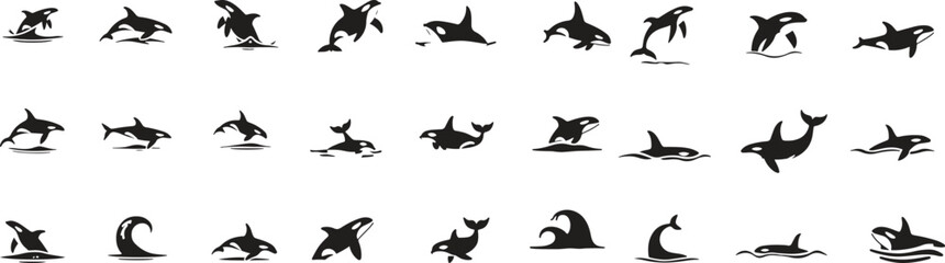 Silhouette orca whale icons set. marine life, ocean, mammal, set, logo, sea animal icons. vector illustration