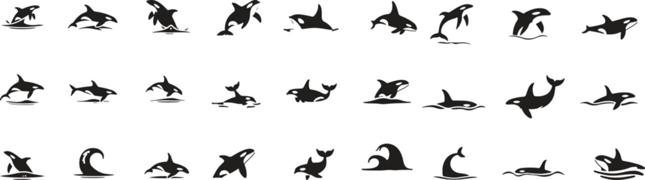 Silhouette orca whale icons set. marine life, ocean, mammal, set, logo, sea animal icons. vector illustration