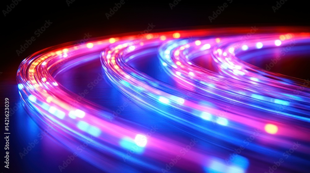 Poster abstract light trails. dynamic glowing light strands in vibrant red and blue hues. intertwined curve