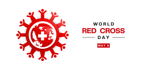 May 8th is World Red Cross Day. People, earth and plus icon. Suitable for posters, banners, social media and more. White background. 