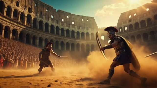 A group of men are playing gladiator in a large arena. Smooth repeating motion for background video animation.
