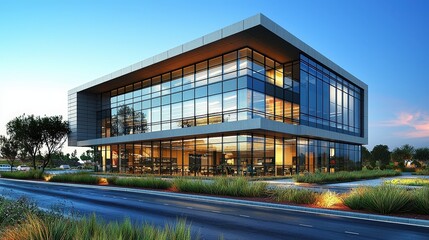 Fototapeta premium A sleek, modern office complex, its scale meticulously crafted on a polished mahogany desk, was presented by a businessman or architect, his words weaving a narrative of innovation and progress 