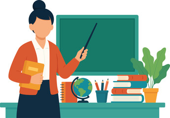 Learning concept. Female teacher with pointer, books, globe and chalkboard, lesson process. Studying in school, college, univercity. Illustration in flat style