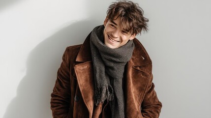 Stylish young man in a brown suede jacket and scarf.