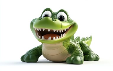 Fototapeta premium Adorable cartoon crocodile, happy expression, 3D render, isolated on white.
