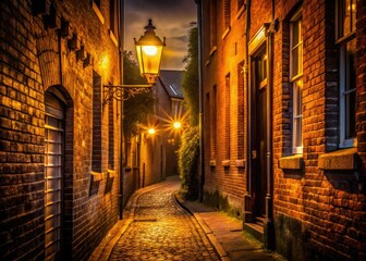 Fototapeta premium Low light paints an empty backstreet; warm streetlights illuminate the urban night.