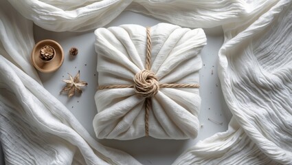 A beautifully arranged white textile tied with natural twine, surrounded by decorative coastal elements on a light surface.