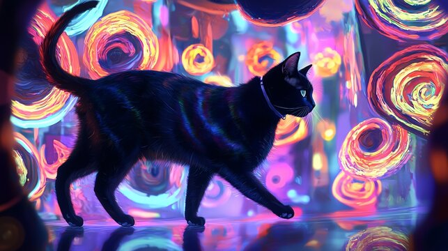 A solemn black cat walking through a dazzling neon cityscape capturing the essence of urban life in a whimsical artistic setting