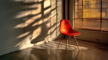 Stylish red chair bathed in golden sunlight.
